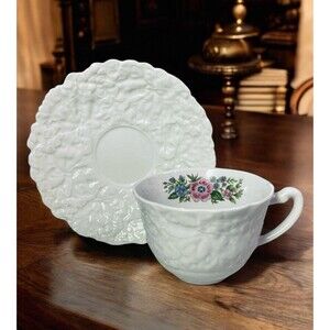 VTG Royal Cauldon Cup & Saucer Set Embossed Flowers Pink Blue Design England